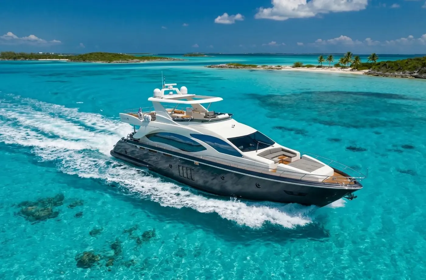 Yacht cruising turquoise Bahamas waters