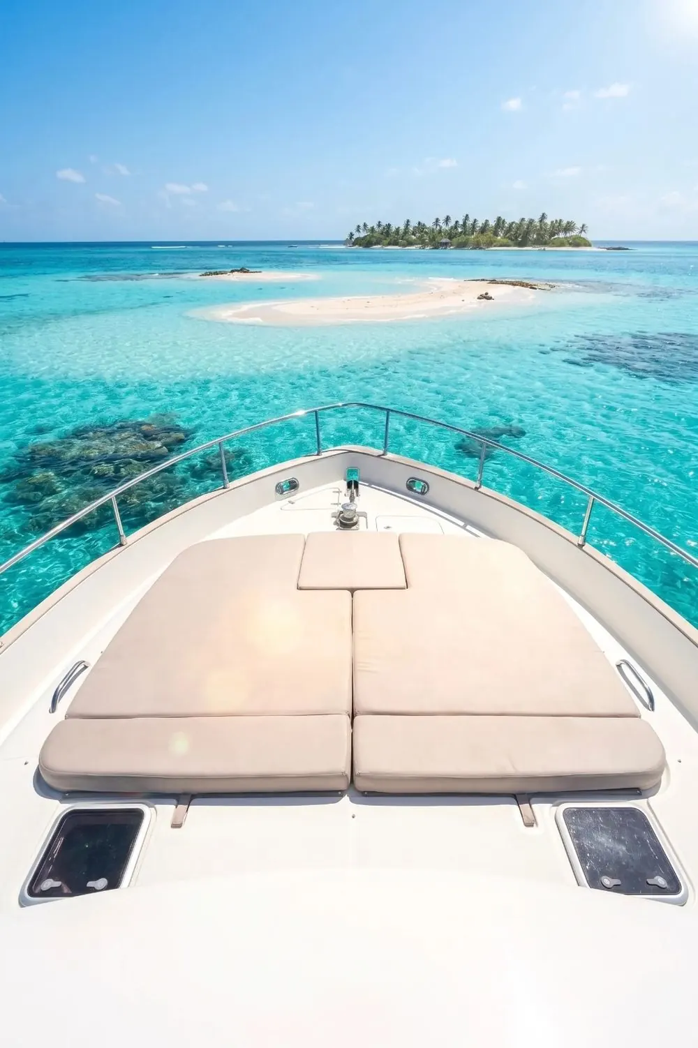 Yacht bow facing a private Bahamas island